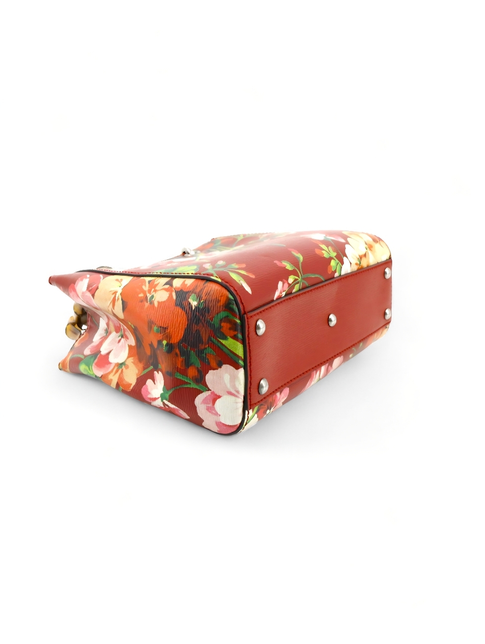 GUCCI Floral Bamboo Top Handle Crossbody Tote Bag Red Leather - Picture 6 of 11